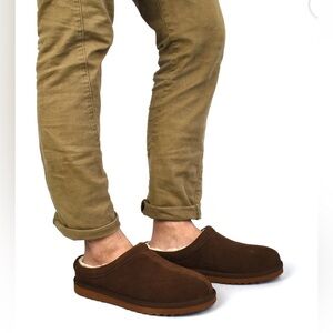 George Men's Brown Suede Slip-On Shearling-Lined Slippers; size: 13-14